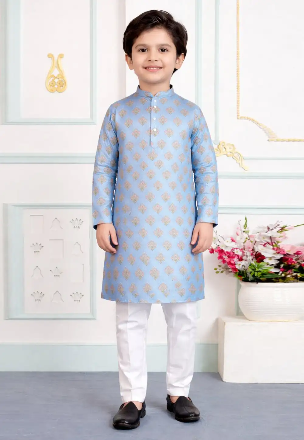 Sky Blue Art Silk Kids Kurta Pajama 330804