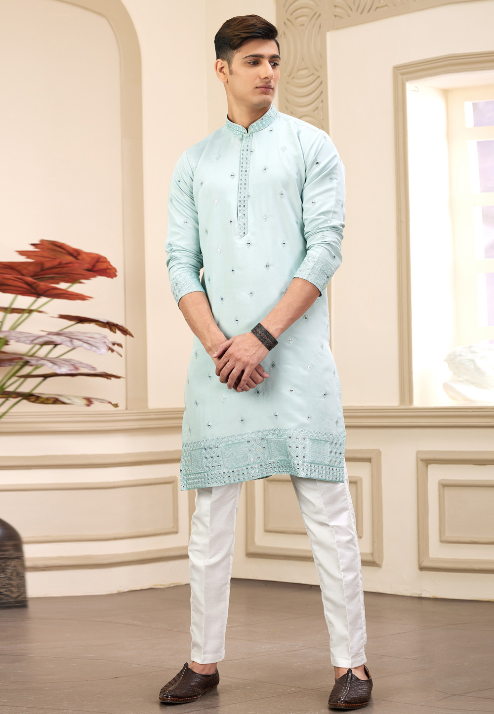 Sky Blue Art Silk Kurta Pajama 308550