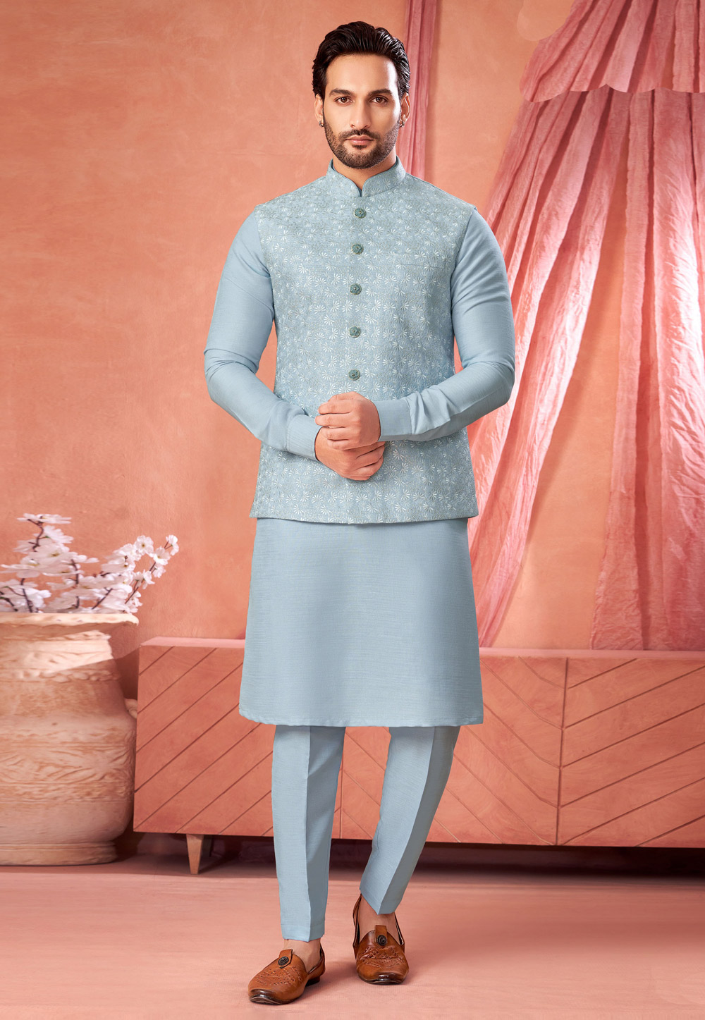 Sky Blue Art Silk Kurta Pajama With Jacket 322317