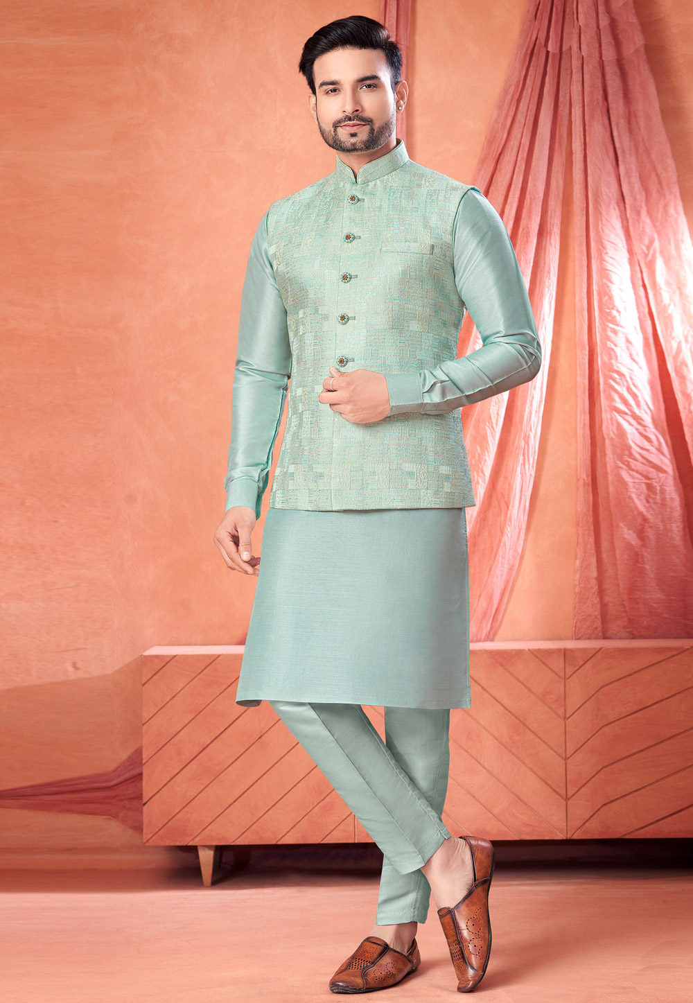 Sky Blue Art Silk Kurta Pajama With Jacket 322332