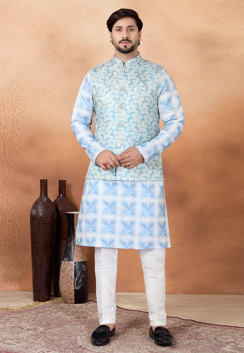 Sky Blue Art Silk Kurta Pajama With Jacket 327072