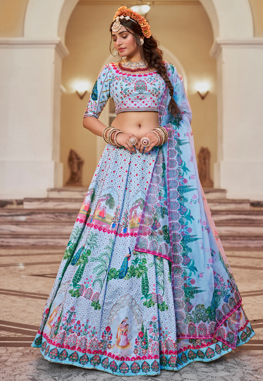 Sky Blue Art Silk Lehenga Choli 307502