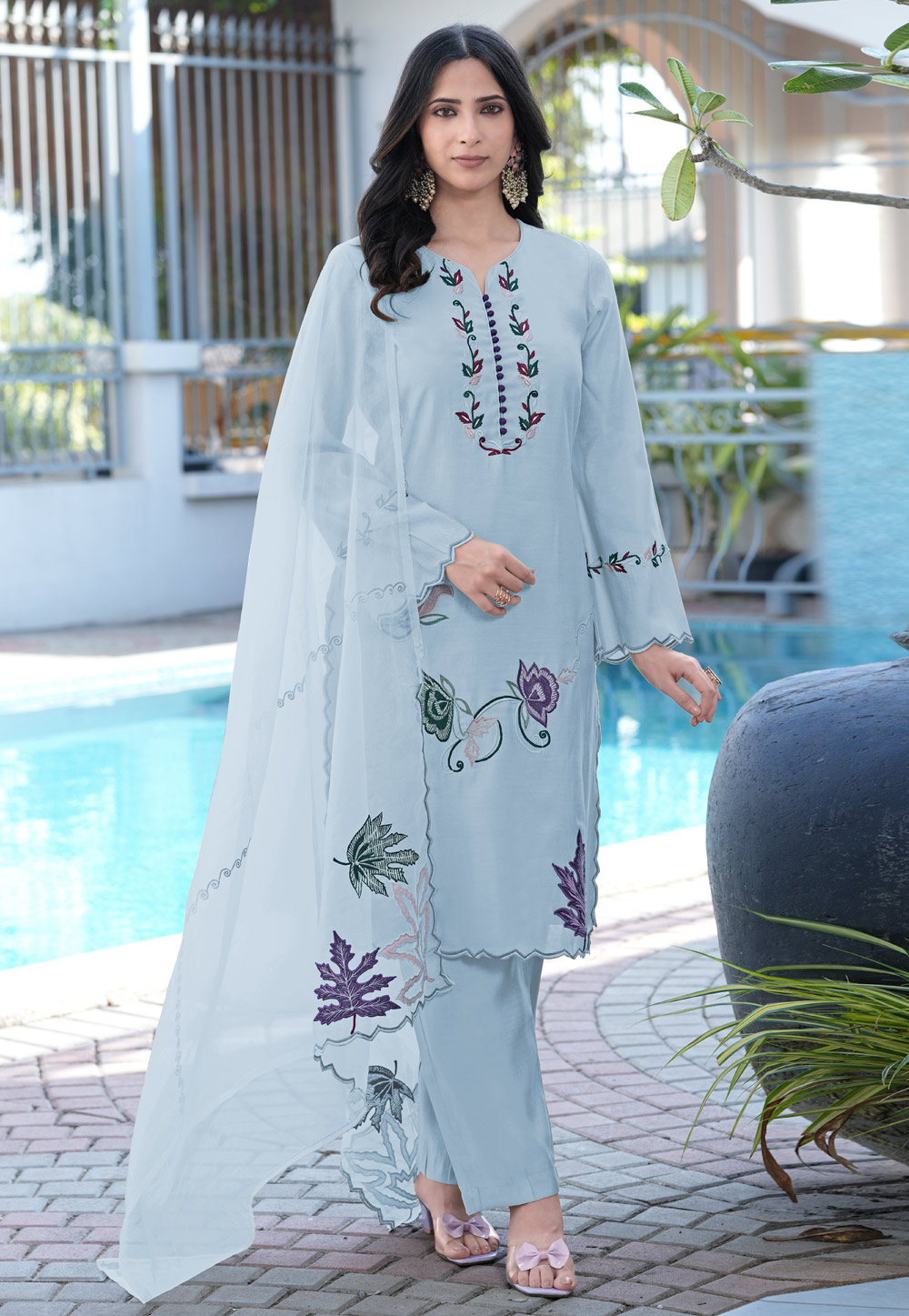 Sky Blue Art Silk Readymade Pant Style Suit 325026