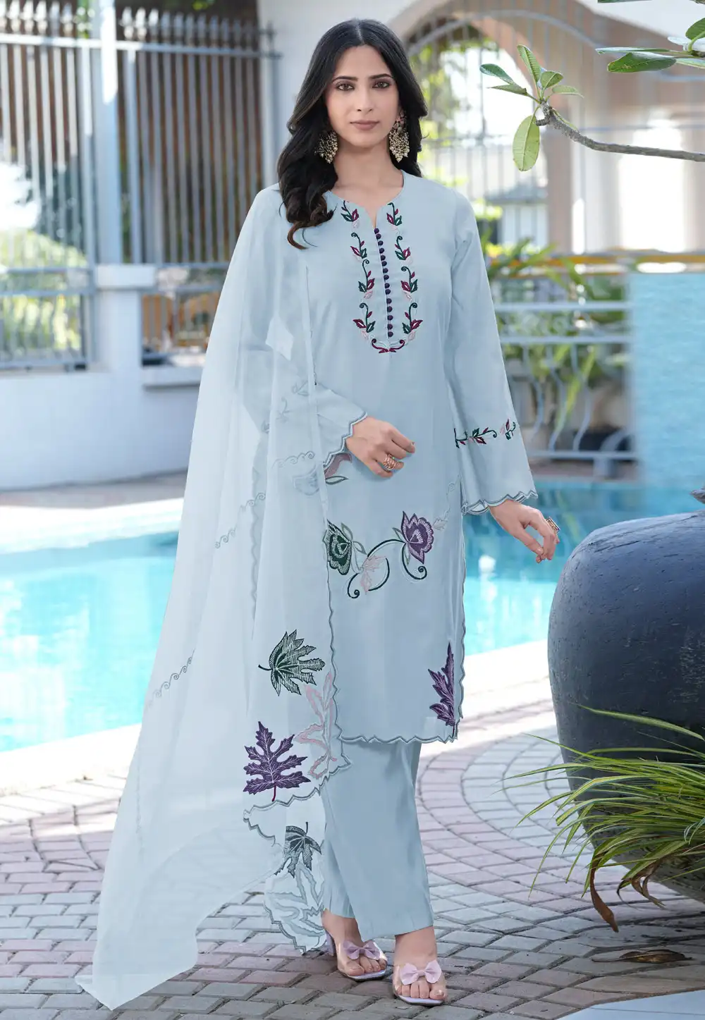 Sky Blue Art Silk Readymade Pant Style Suit 325026