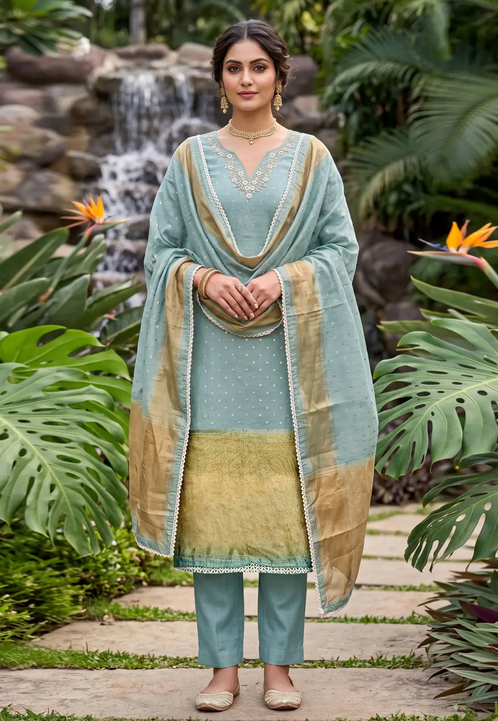 Sky Blue Banarasi Cotton Pant Style Suit 335538