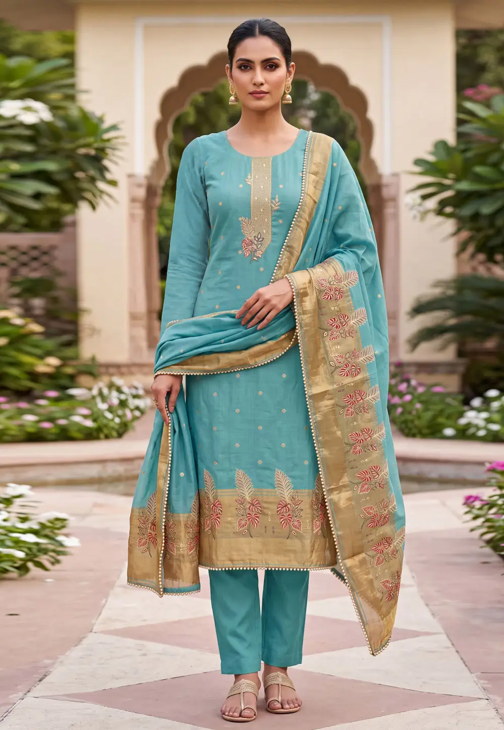 Sky Blue Banarasi Cotton Straight Suit 335371