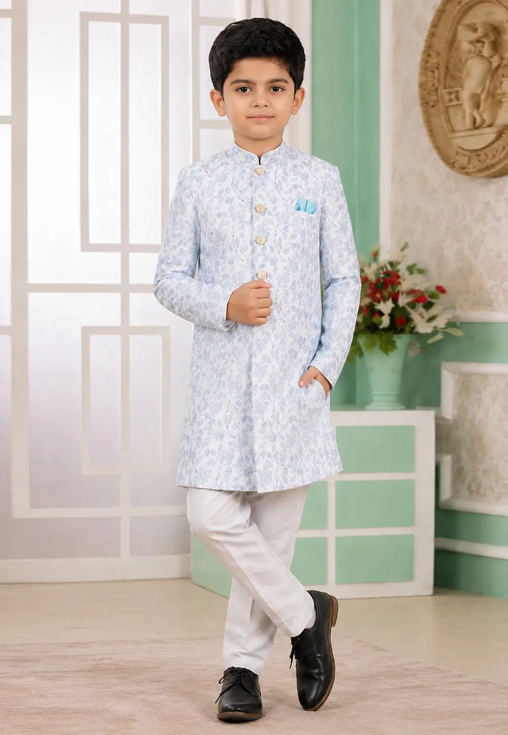 Sky Blue Banarasi Jacquard Boys Indo Western Suit 335781
