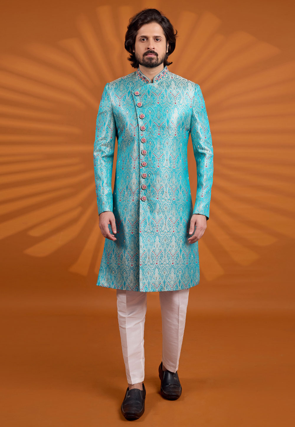 Sky Blue Banarasi Jacquard Indo Western Sherwani 330250