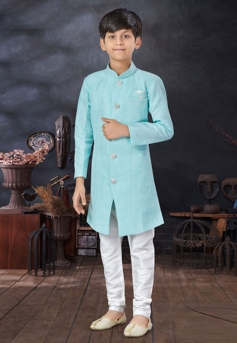 Sky Blue Banarasi Jacquard Kids Indo Western Sherwani 279105