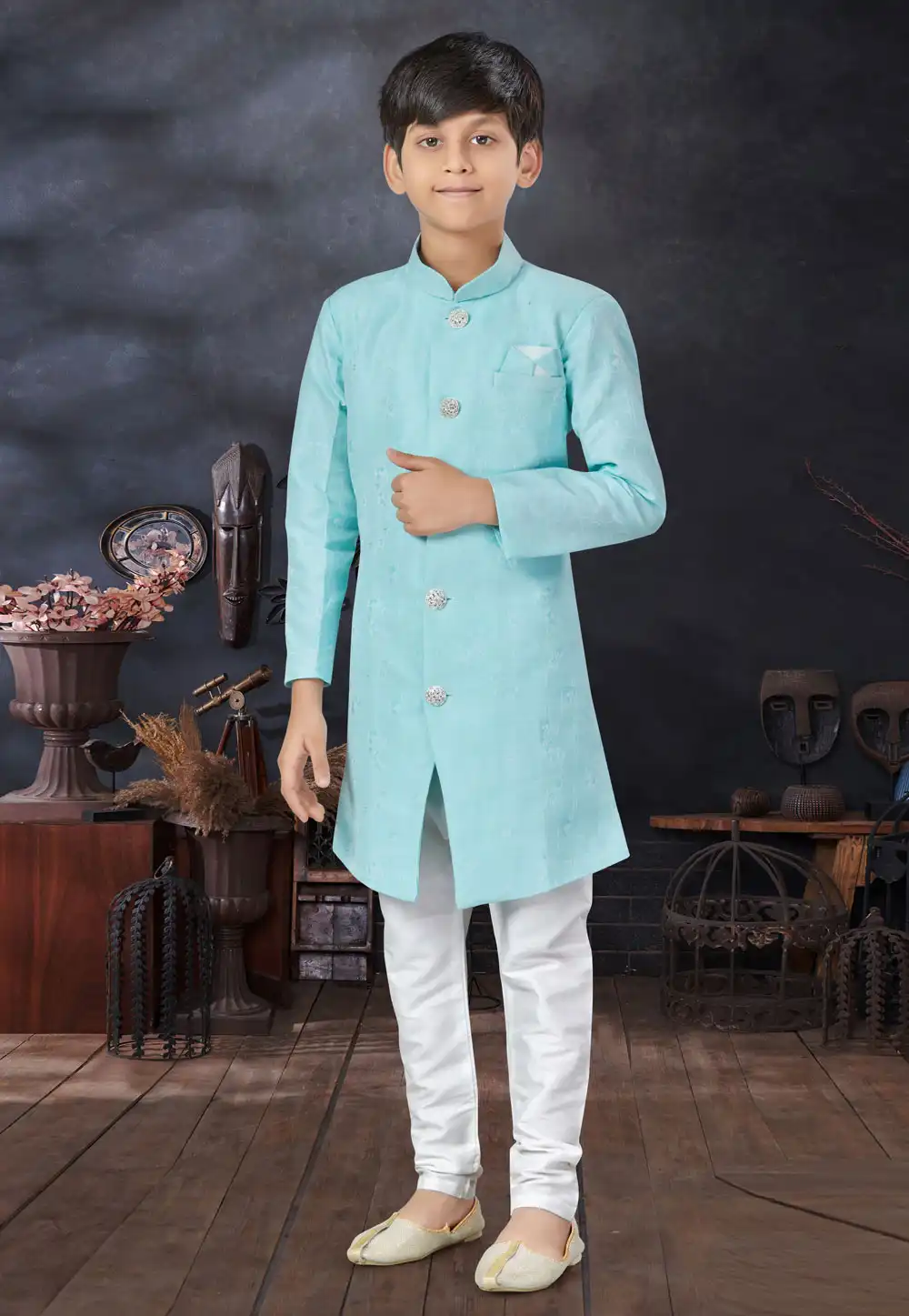 Sky Blue Banarasi Jacquard Kids Indo Western Sherwani 279105