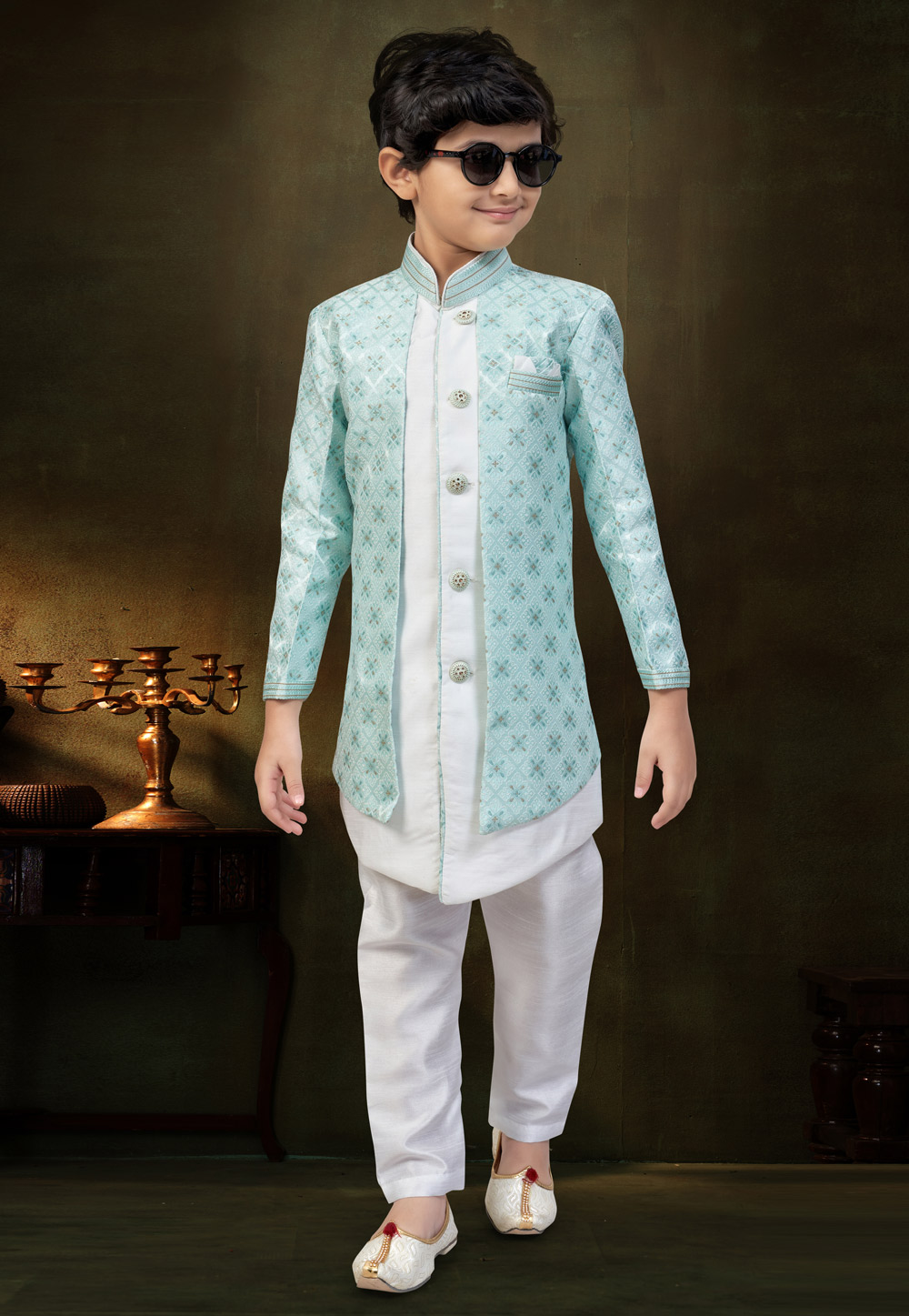 Sky Blue Banarasi Jacquard Kids Indo Western Suit 324266