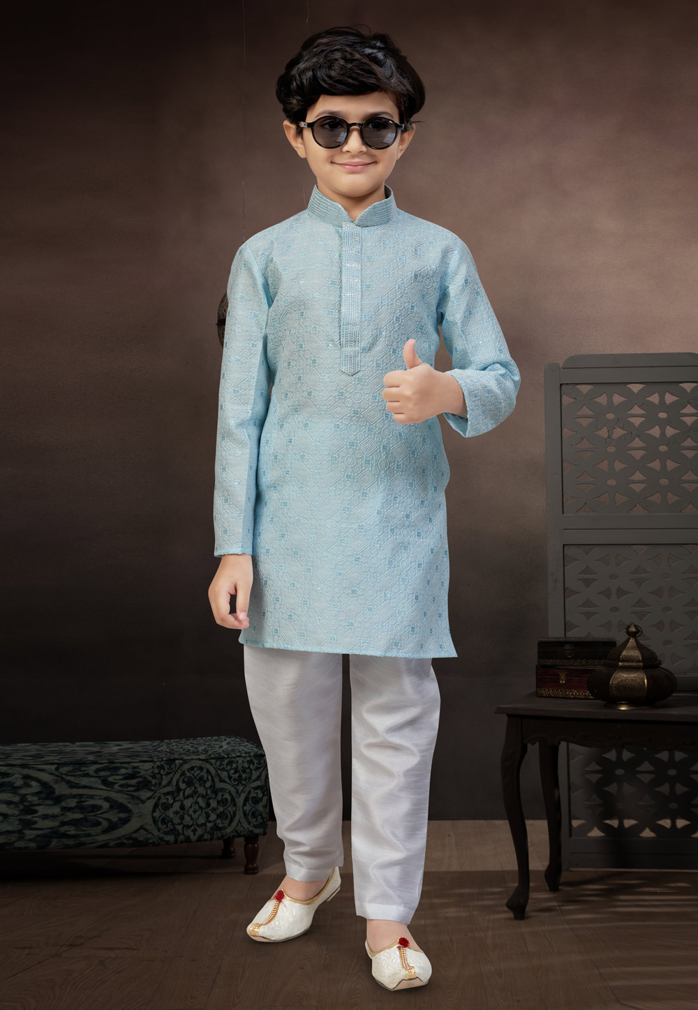 Sky Blue Banarasi Jacquard Kids Kurta Pajama 324292