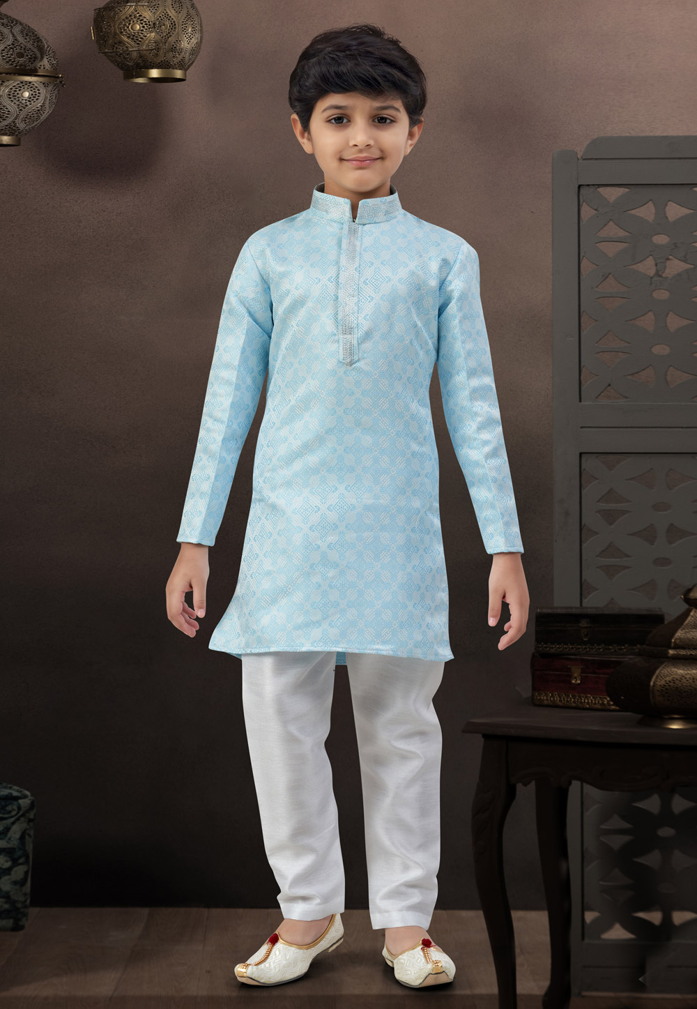 Sky Blue Banarasi Jacquard Kids Kurta Pajama 328723