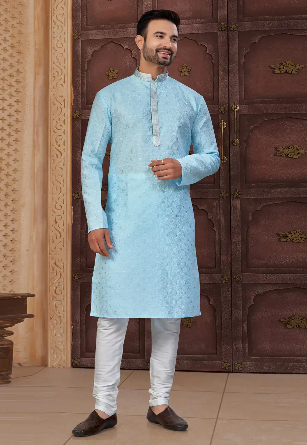 Sky Blue Banarasi Jacquard Kurta Pajama 317864
