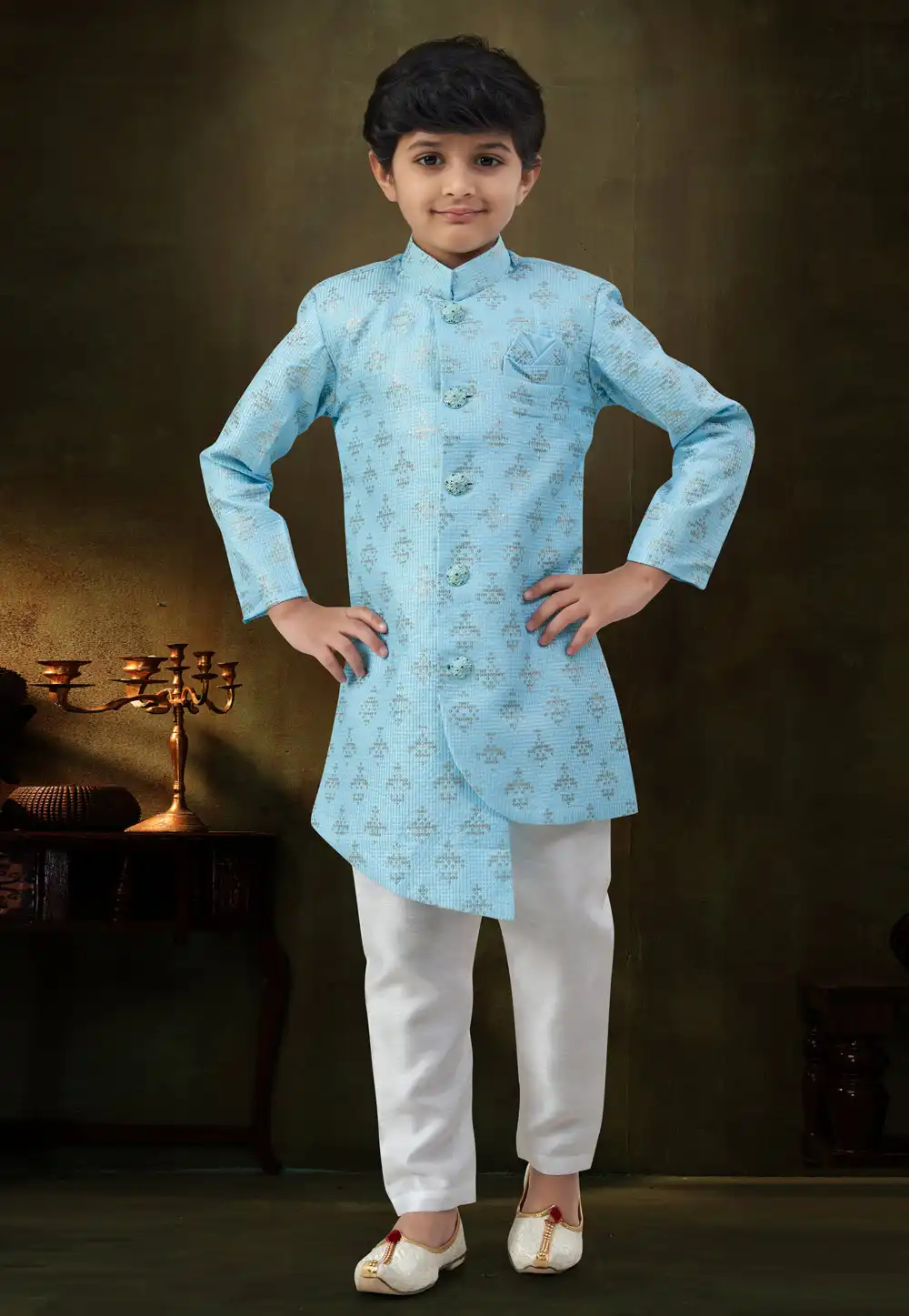 Sky Blue Banarasi Silk Kids Indo Western Suit 328704