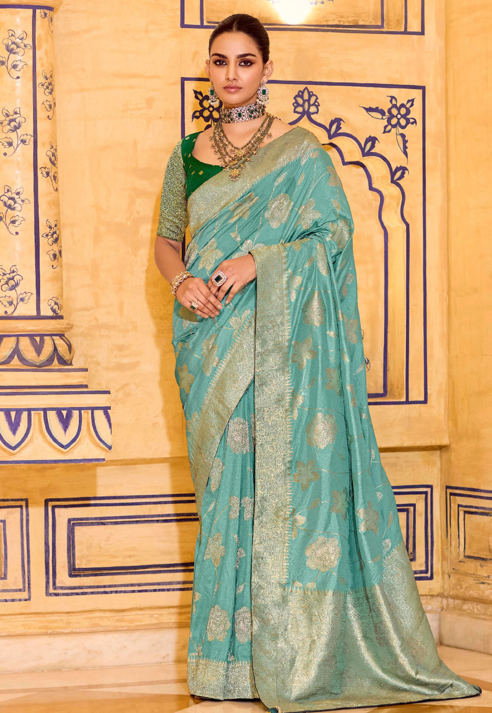 Sky Blue Banarasi Silk Saree With Blouse 320155