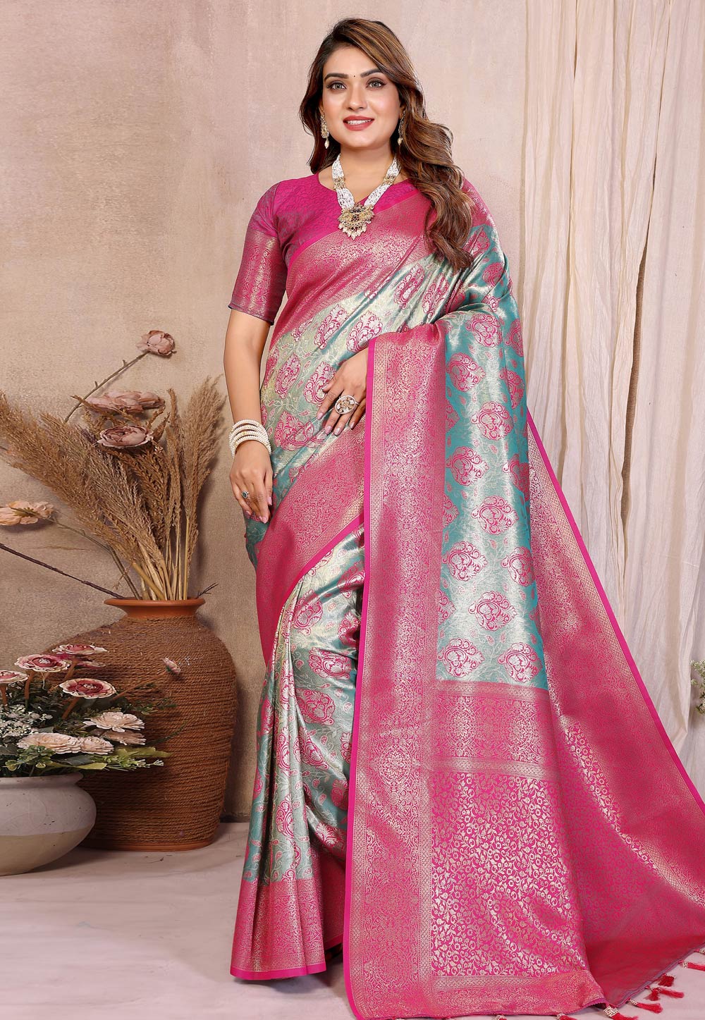 Sky Blue Banarasi Silk Saree With Blouse 320623