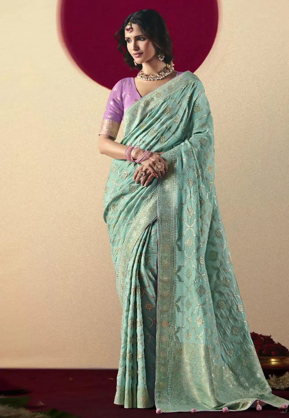 Sky Blue Bemberg Saree With Blouse 316593