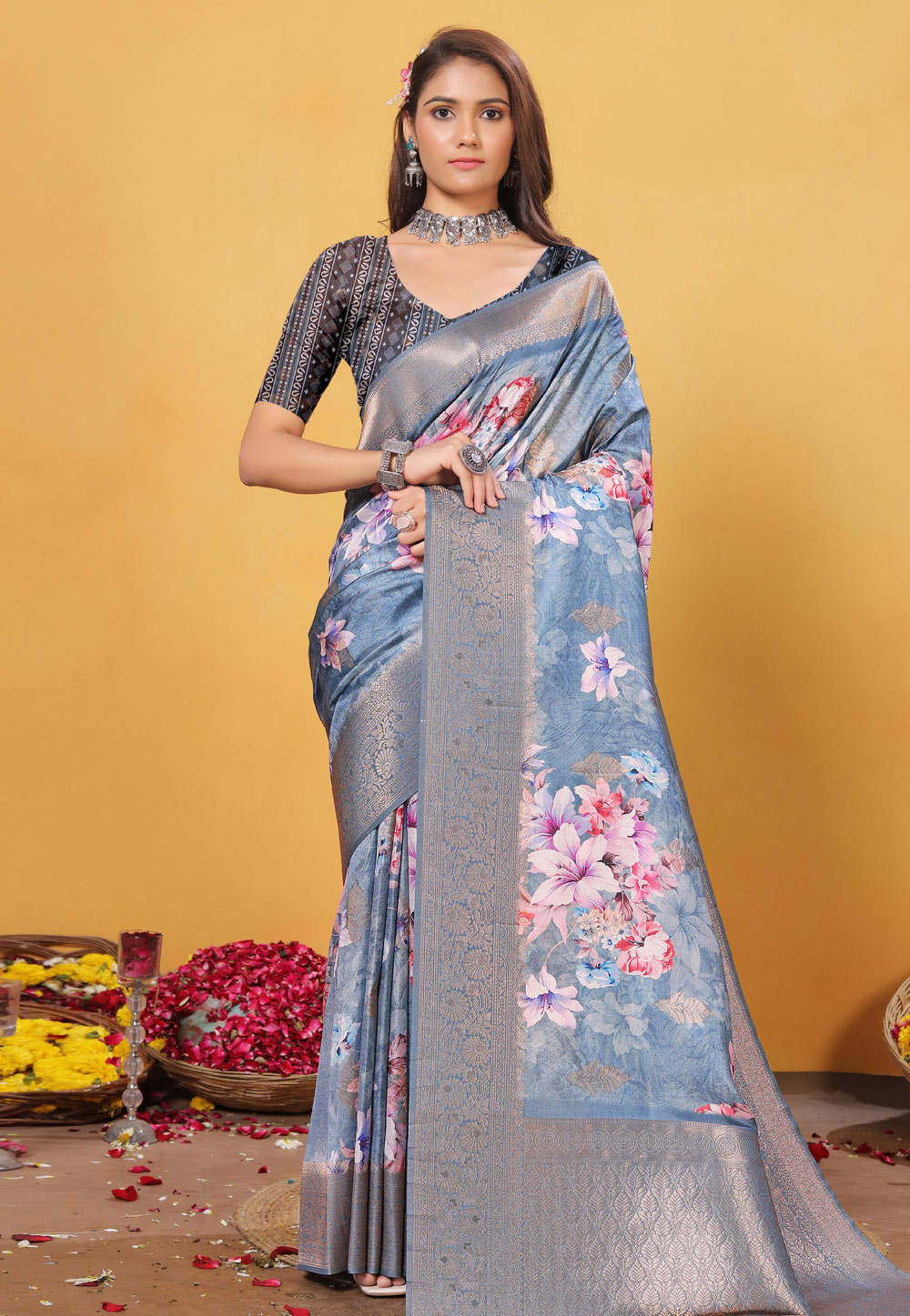 Sky Blue Bemberg Saree With Blouse 308876