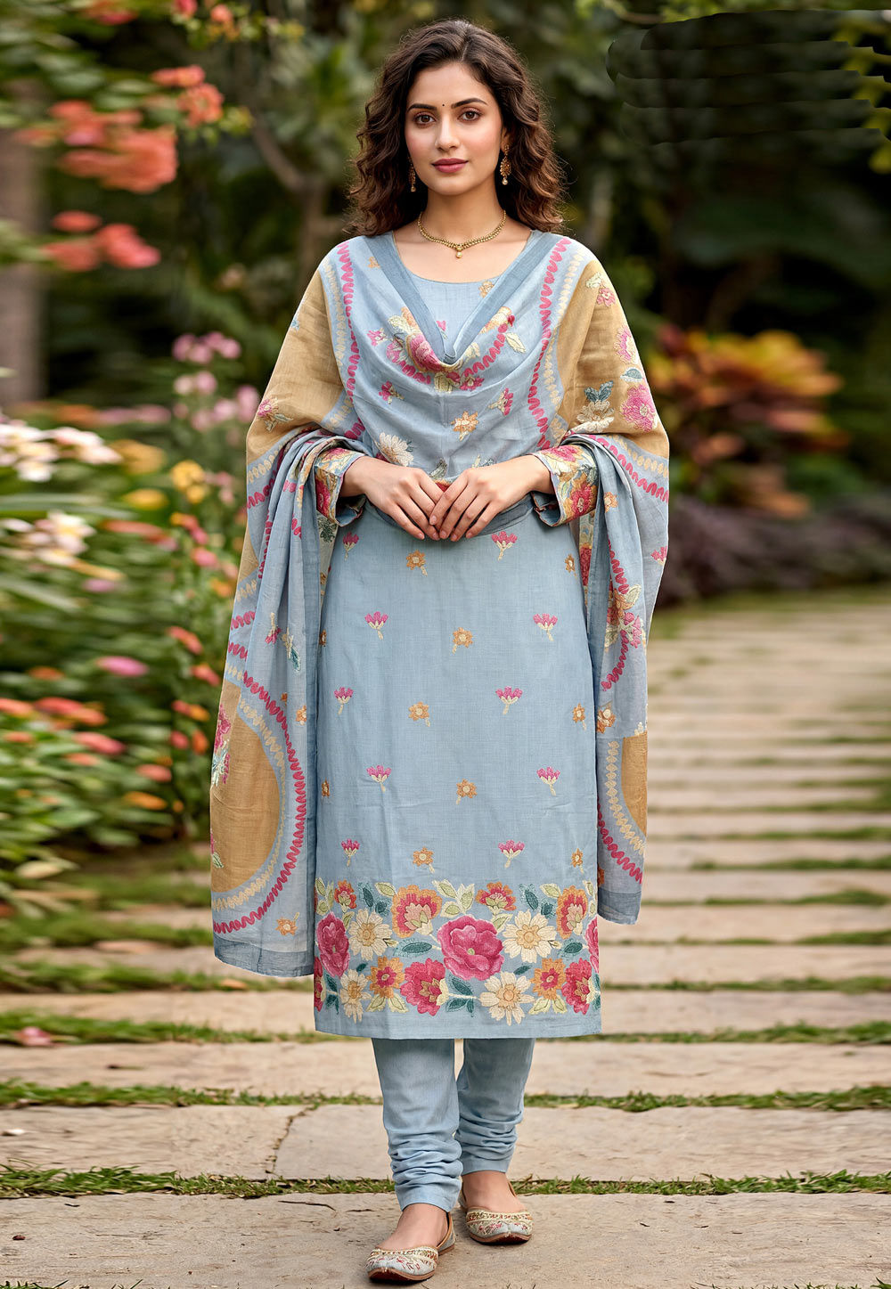 Sky Blue Cambric Cotton Churidar Suit 328330