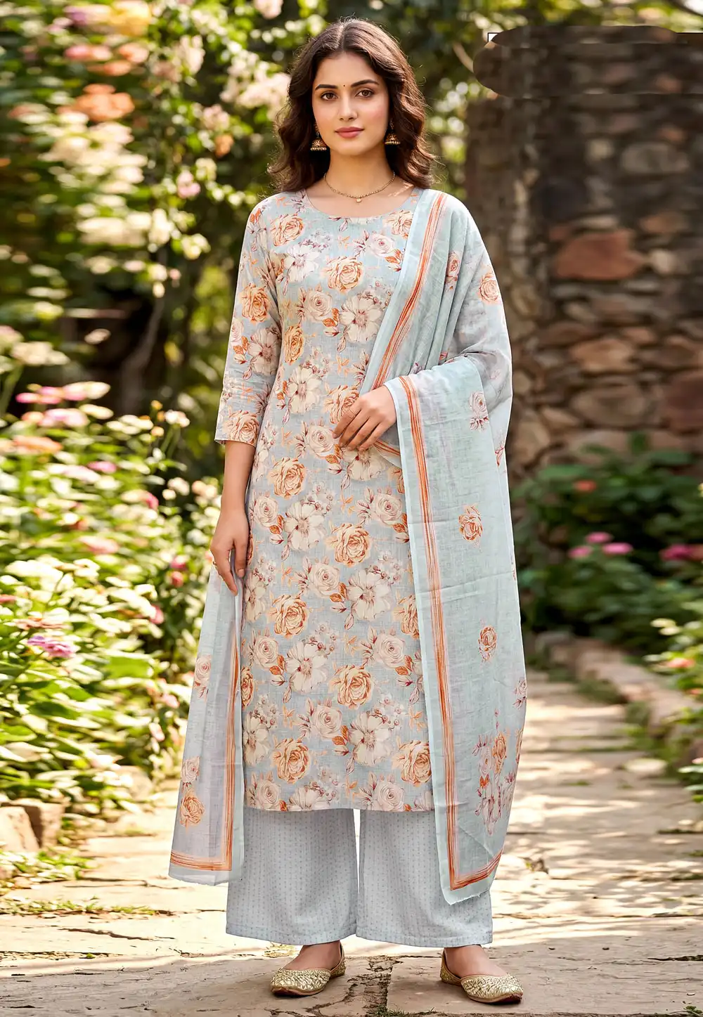 Sky Blue Cambric Cotton Palazzo Suit 328320