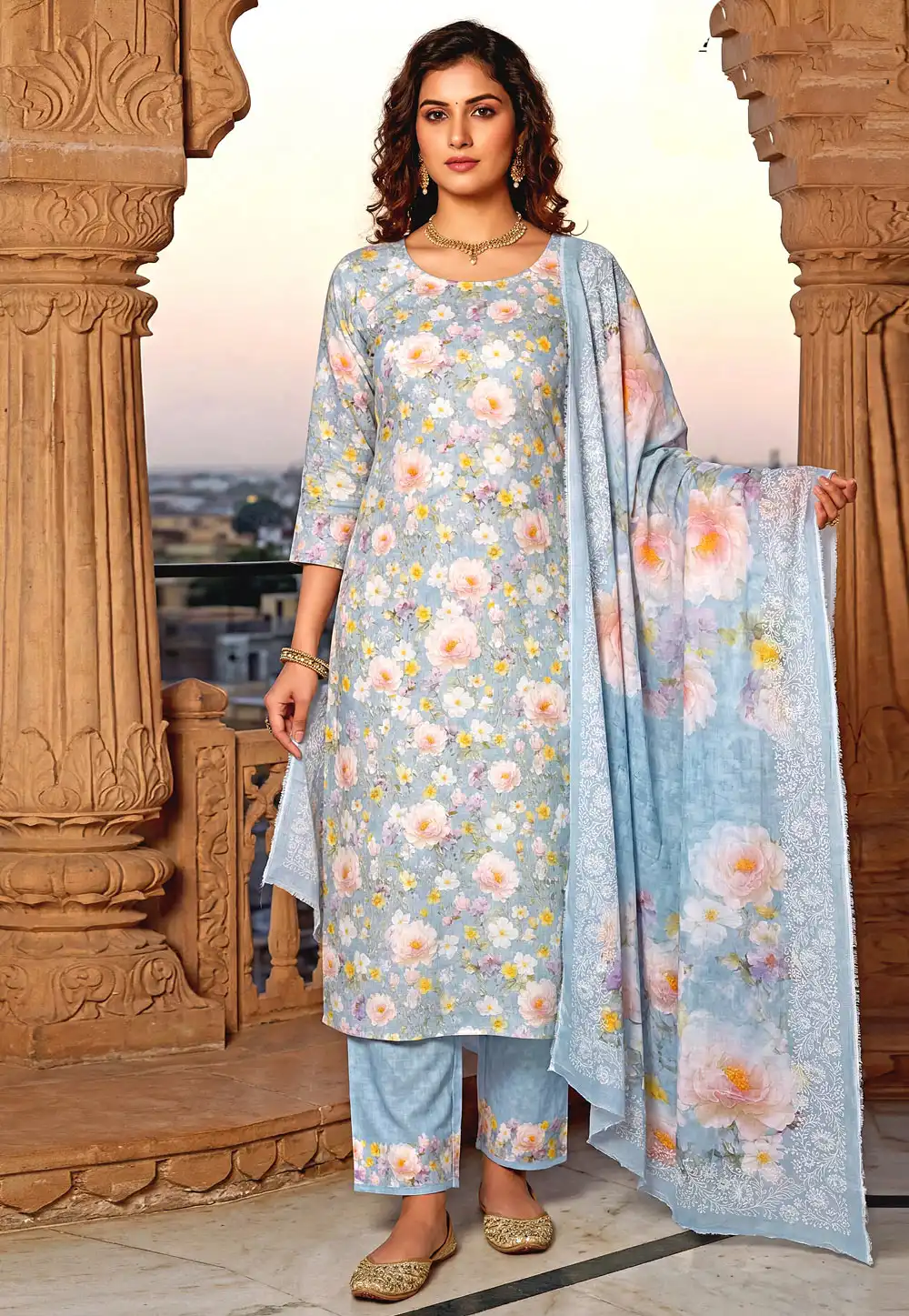 Sky Blue Cambric Cotton Pant Style Suit 328333