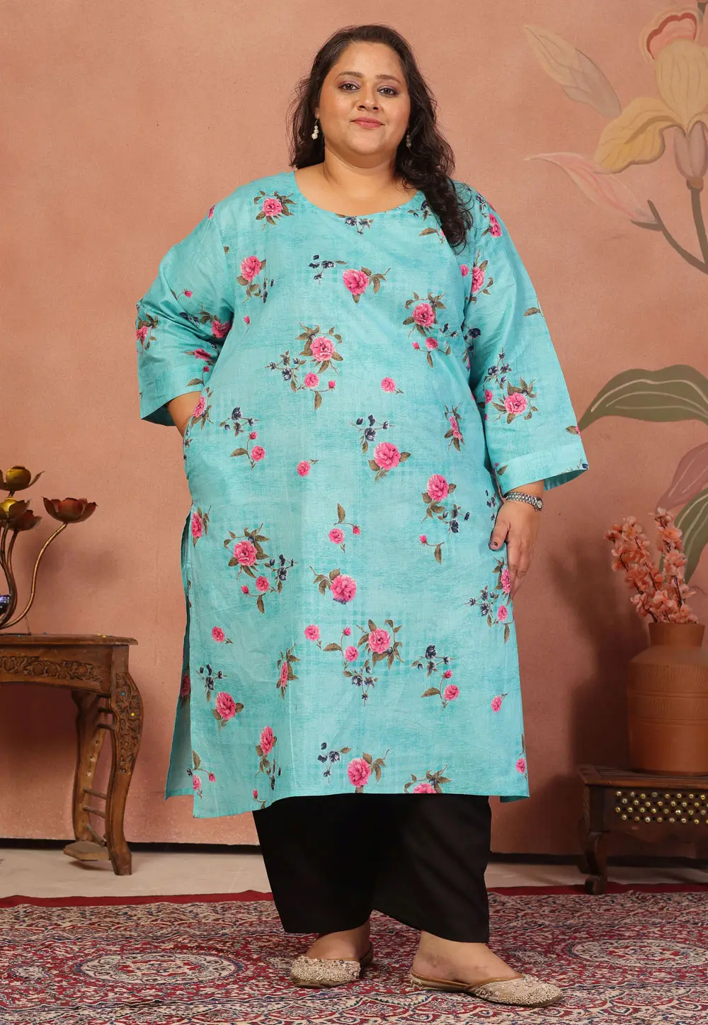 Sky Blue Cambric Cotton Printed Long Kurti 336947