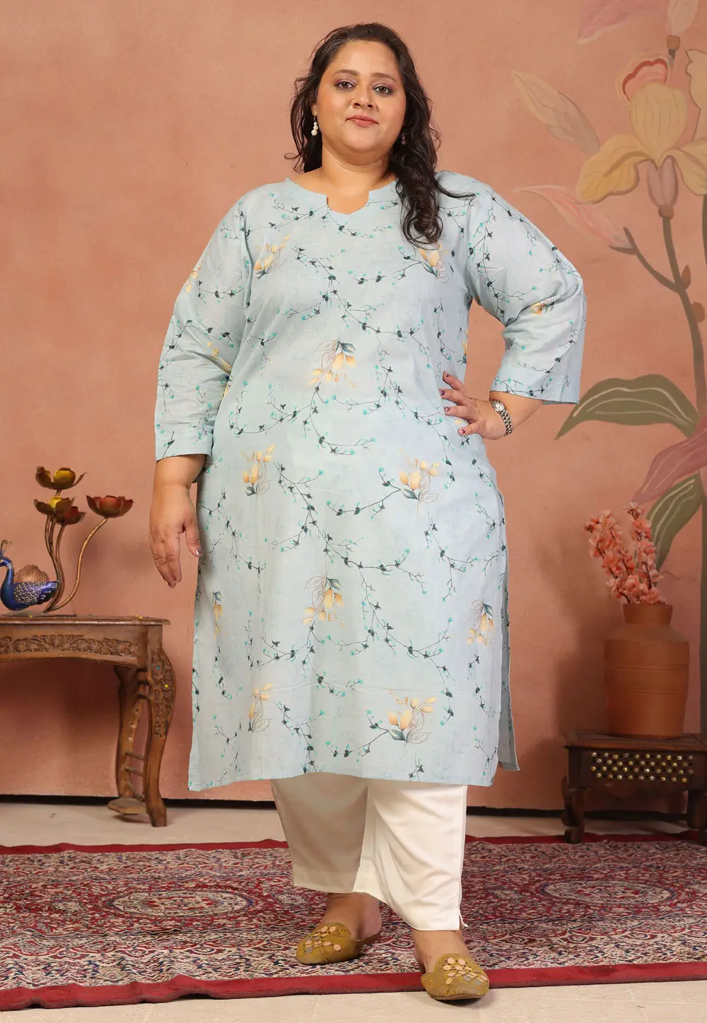 Sky Blue Cambric Cotton Printed Long Kurti 336951