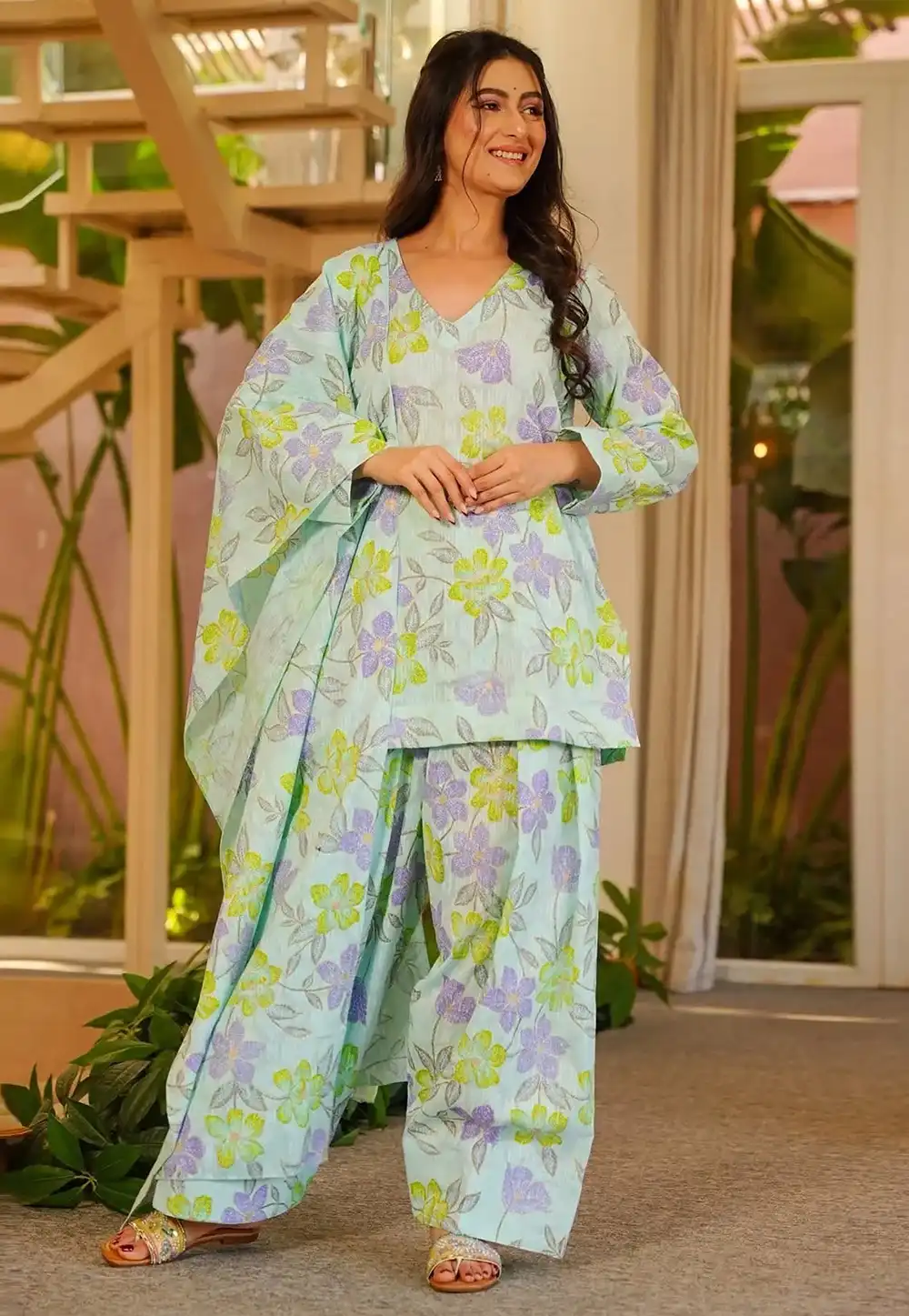 Sky Blue Cambric Cotton Readymade Pakistani Suit 326886