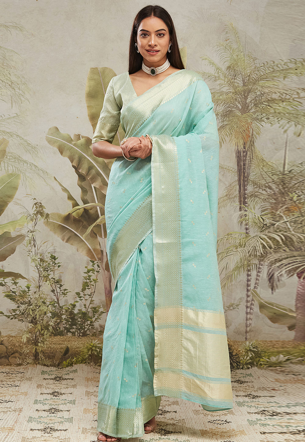 Sky Blue Chanderi Cotton Saree With Blouse 312268