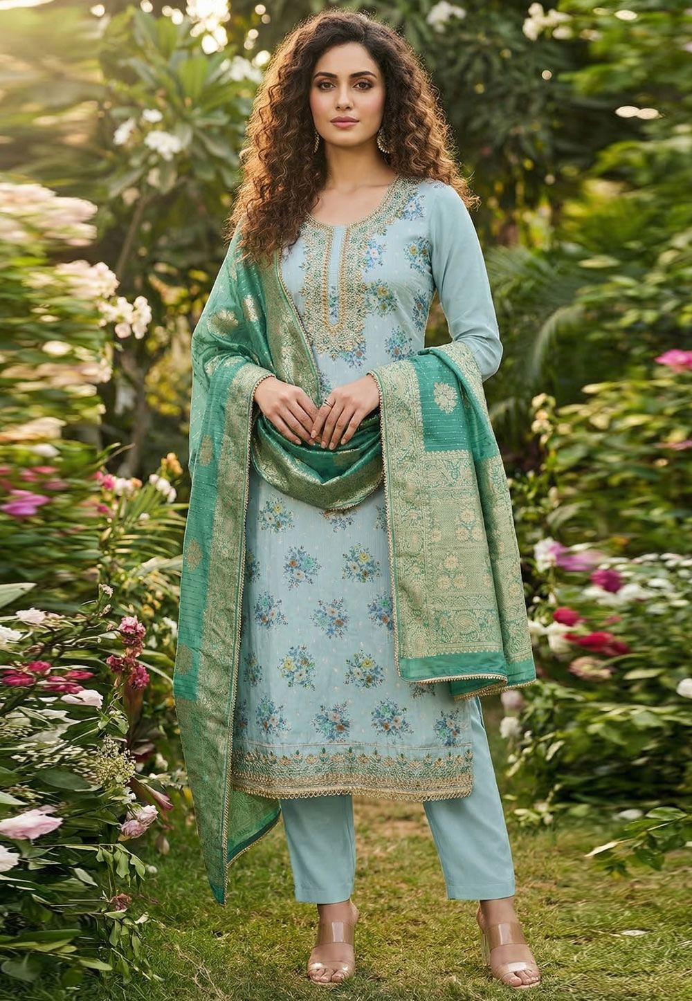 Sky Blue Chanderi Pant Style Suit 326421