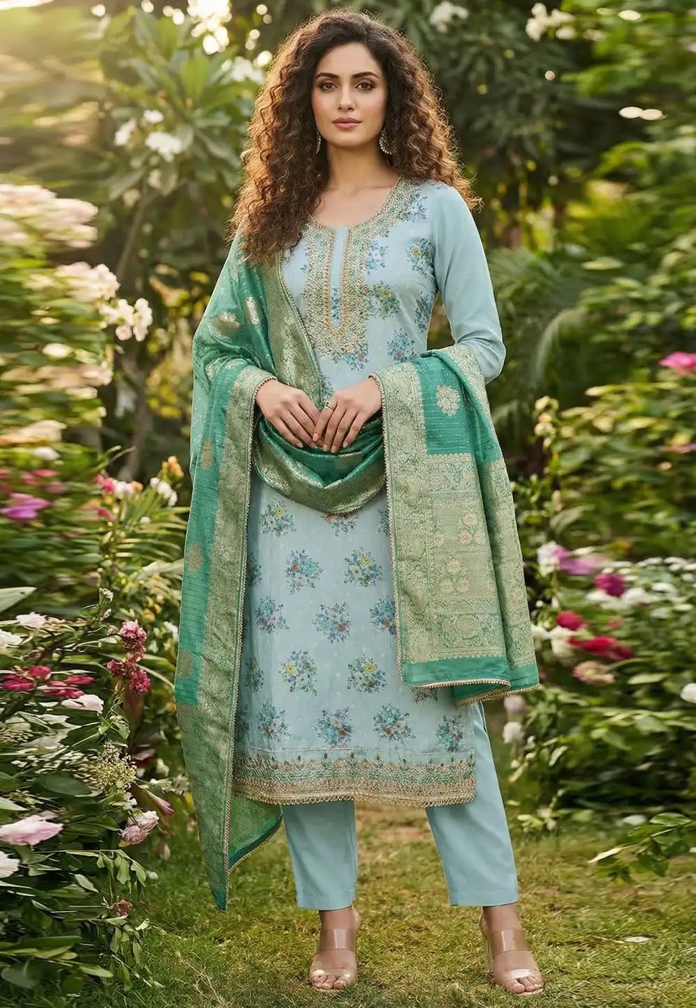 Sky Blue Chanderi Pant Style Suit 326421