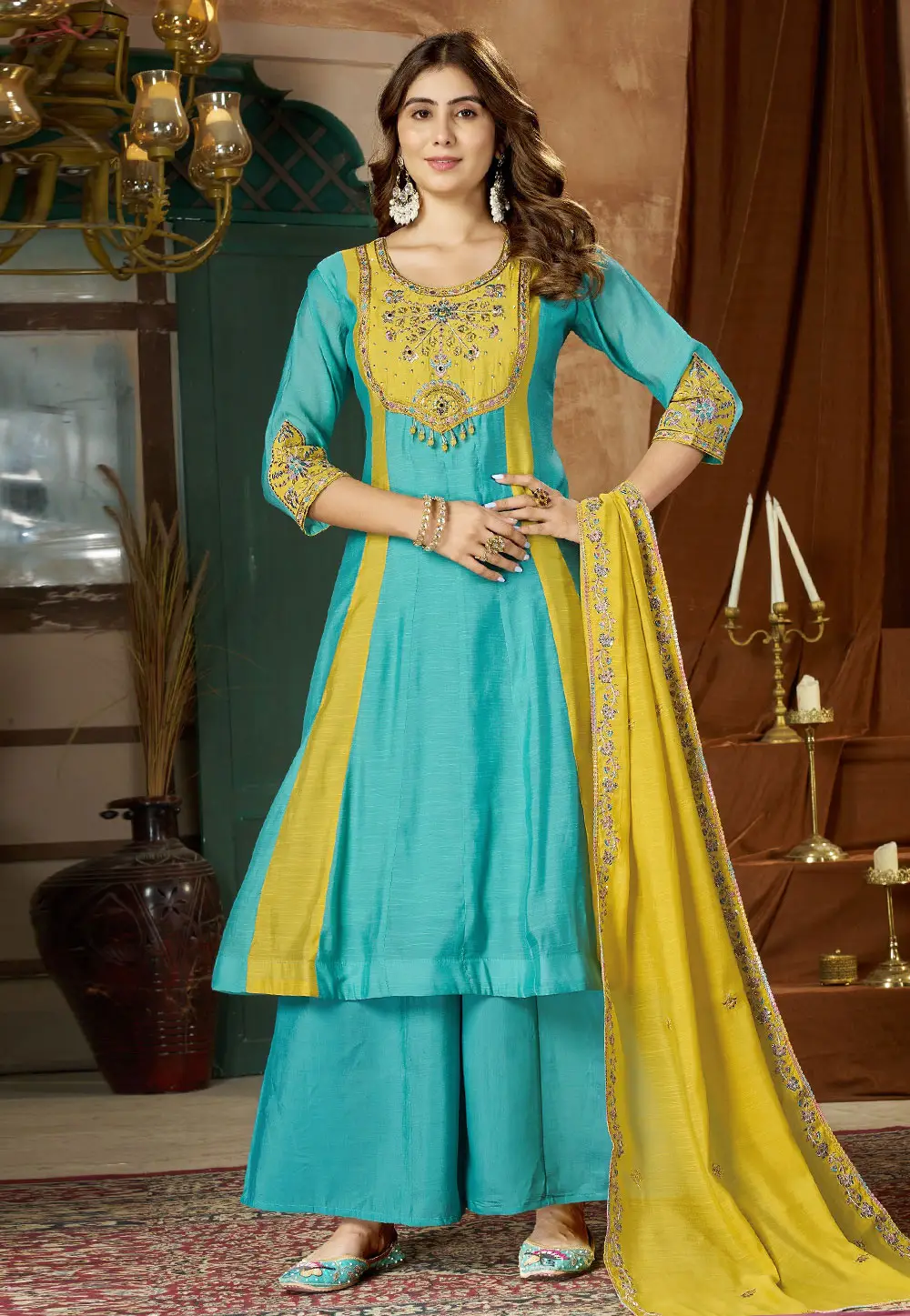 Sky Blue Chanderi Readymade Palazzo Suit 336263