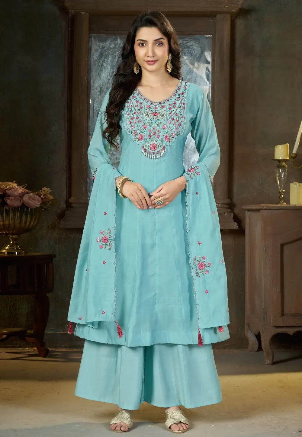 Sky Blue Chanderi Readymade Palazzo Suit 336645