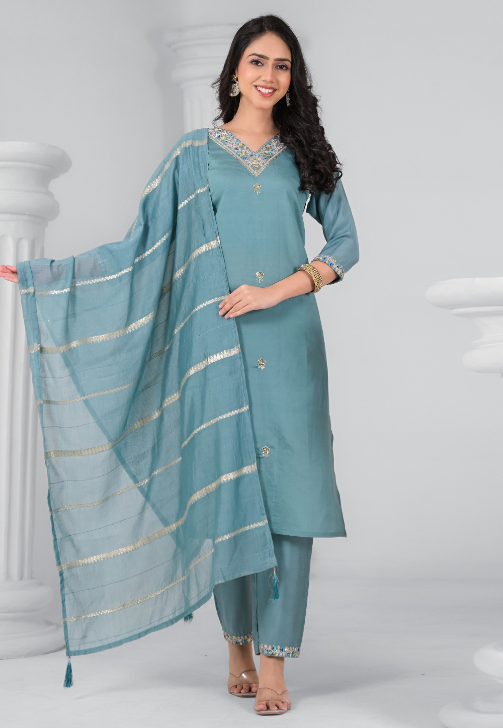 Sky Blue Chanderi Readymade Pant Style Suit 311216