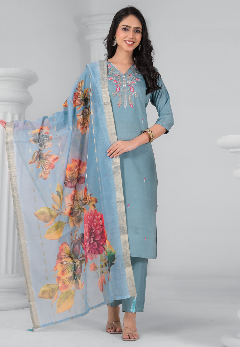 Sky Blue Chanderi Readymade Pant Style Suit 311220