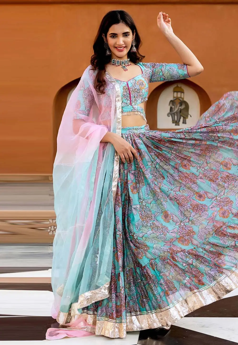 Sky Blue Chanderi Silk Floral print Lehenga Choli 333542