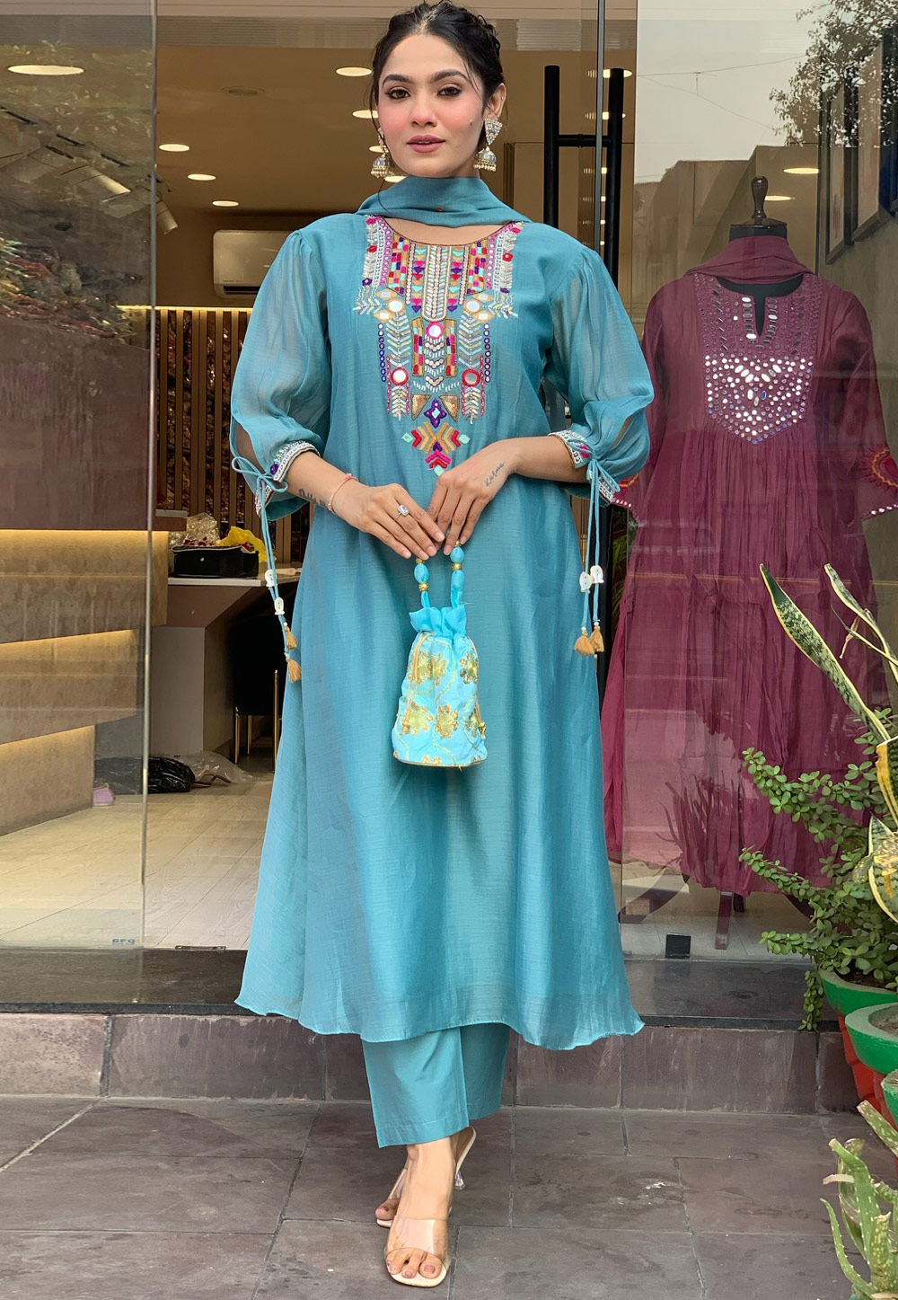 Sky Blue Chanderi Silk Readymade Pant Style Suit 307035