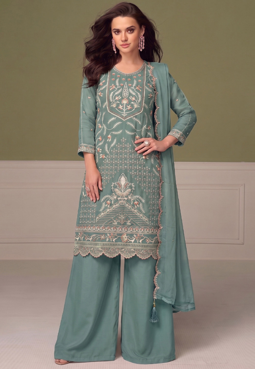 Sky Blue Chiffon Embroidered Pakistani Suit 329791