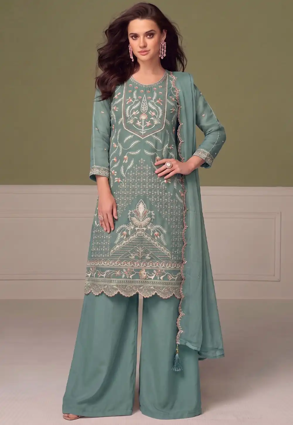 Sky Blue Chiffon Embroidered Pakistani Suit 329791