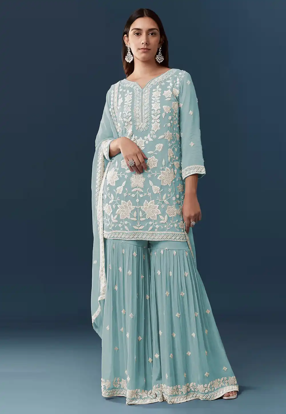 Sky Blue Chiffon Georgette Sharara Suit 330655