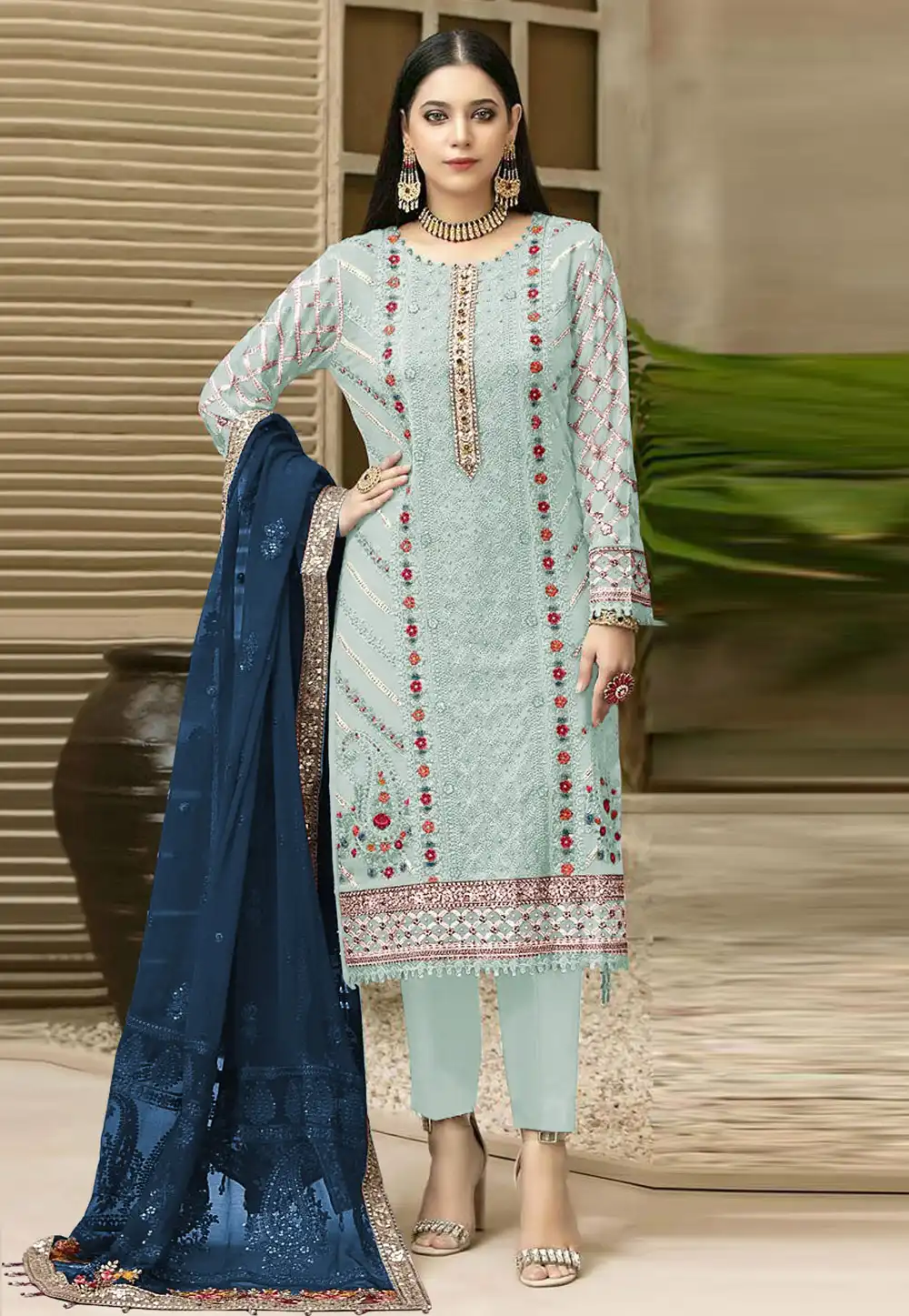 Sky Blue Chiffon Pant Style Suit 329688