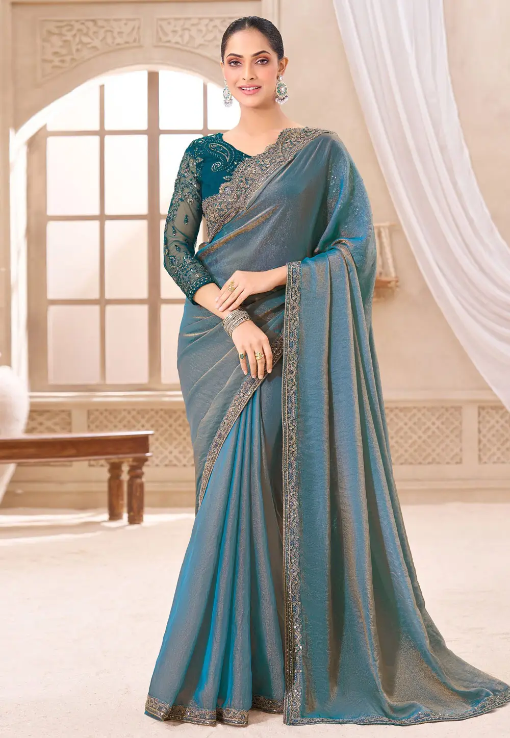 Sky Blue Chiffon Saree With Blouse 336003