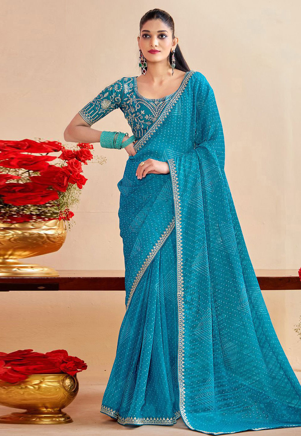 Sky Blue Chiffon Saree With Blouse 321528