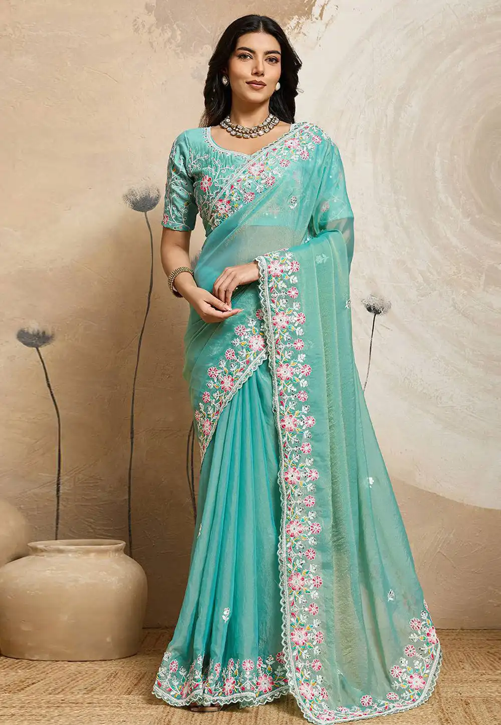 Sky Blue Chiffon Saree With Blouse 320068