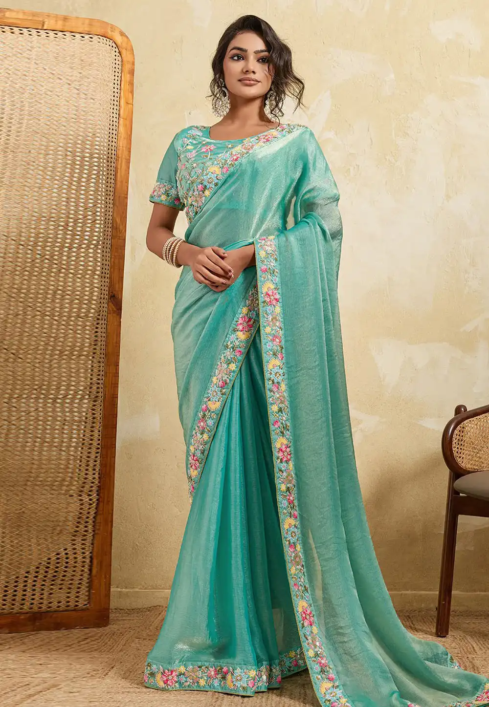 Sky Blue Chiffon Saree With Blouse 325096