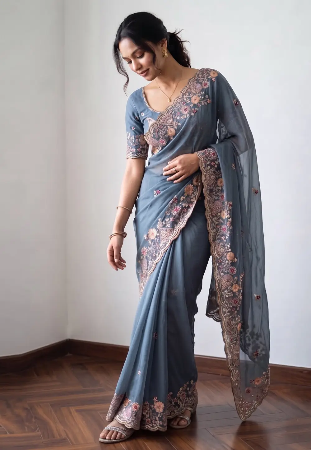 Sky Blue Chiffon Saree With Blouse 335878