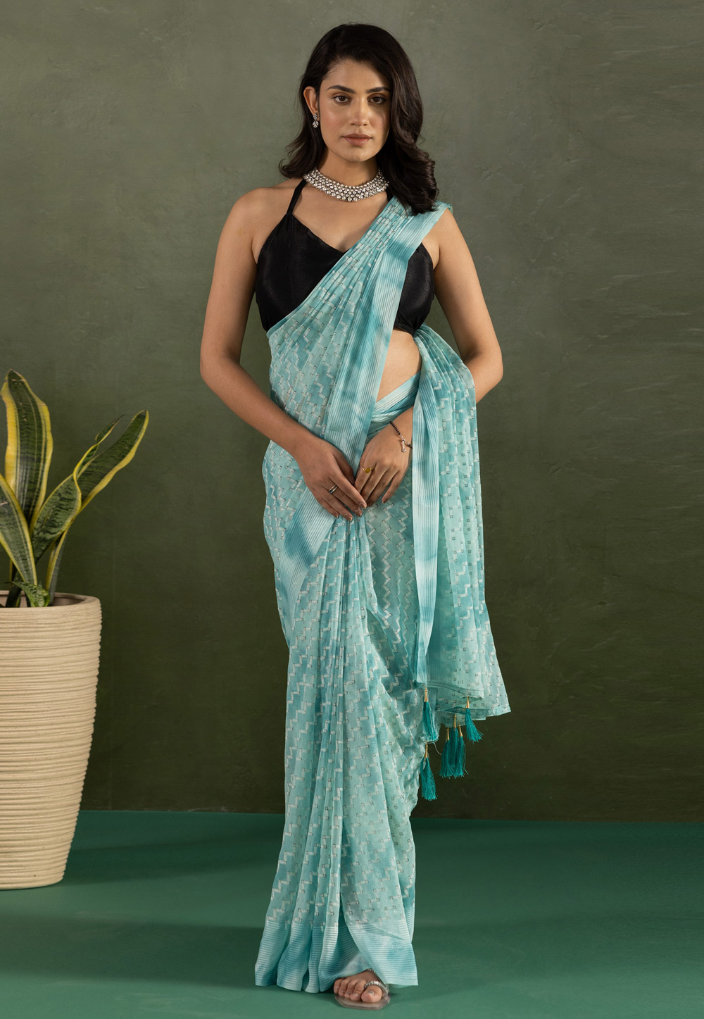 Sky Blue Chiffon Saree With Blouse 311577