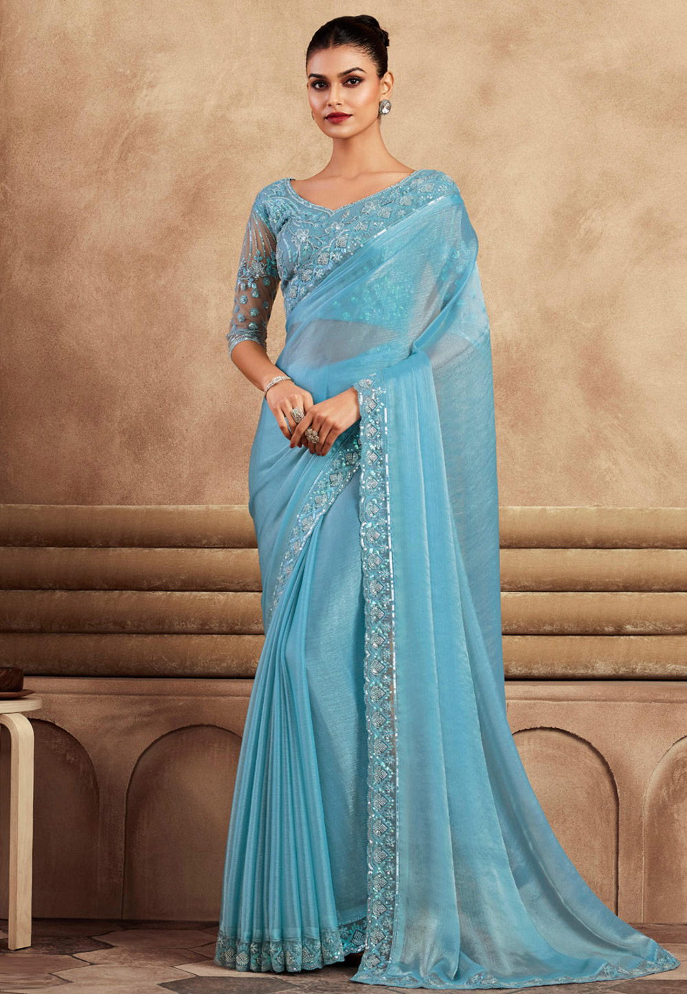 Sky Blue Chiffon Saree With Designer Blouse 284628