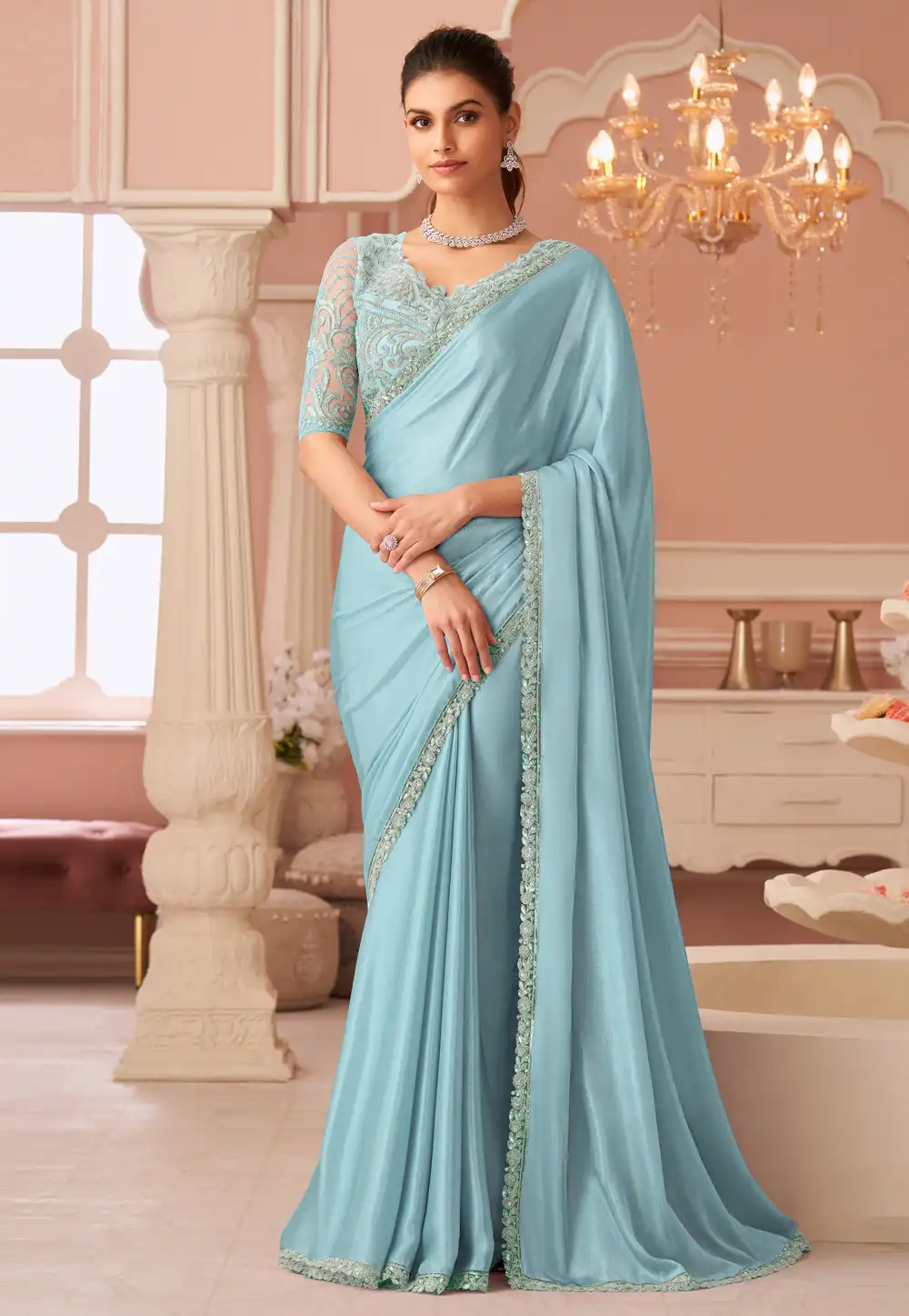 Sky Blue Chiffon Shimmer Saree With Blouse 317000